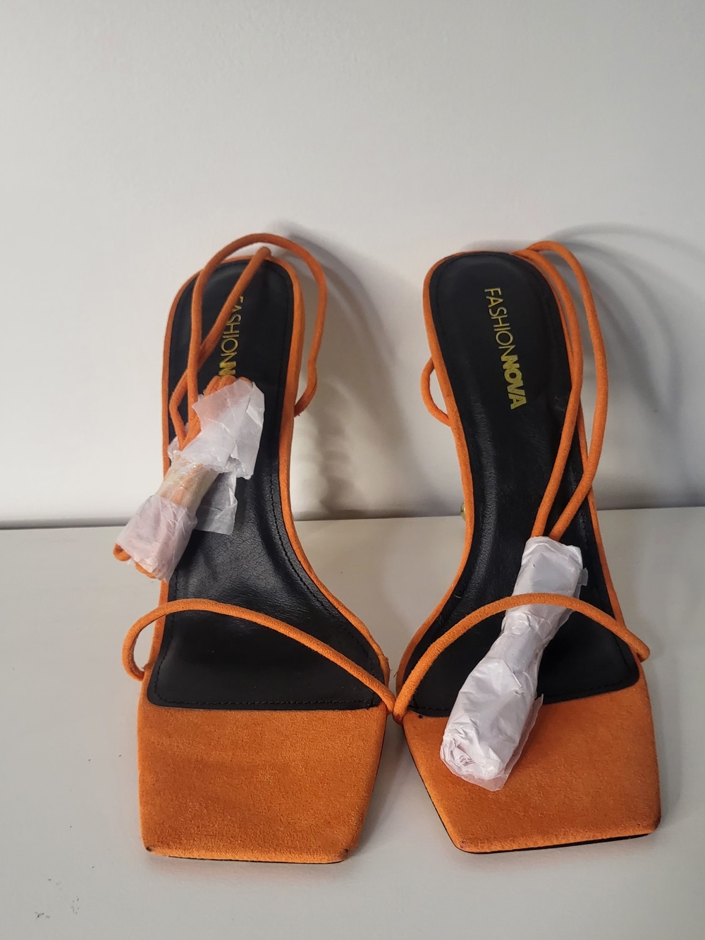 Fashion Nova Orange Strappy Square-Toe Wrap Heels